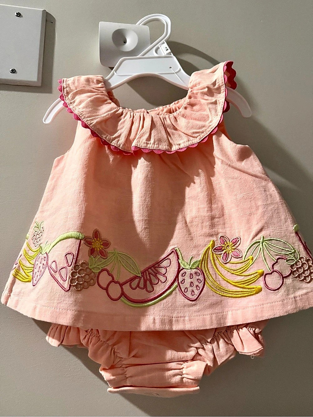 Flapdoodles Peach Fruit Embroidered Dress with bodysuit NWT 0-3m